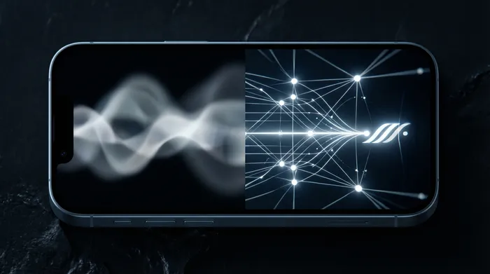 सूट पहने एक आदमी, जो एक स्मार्टफोन के ऊपर प्रदर्शित हो रहे नेटवर्क डेटा और आईपी पतों के एक होलोग्राफिक डिजिटल इंटरफ़ेस को नियंत्रित कर रहा है।