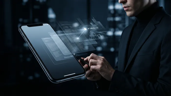 एक मेज पर अगल-बगल रखे दो स्मार्टफोन, जो एक चमकदार डिजिटल नेटवर्क से जुड़े हैं, यह उपकरणों के बीच डेटा ट्रांसफर का प्रतीक है।