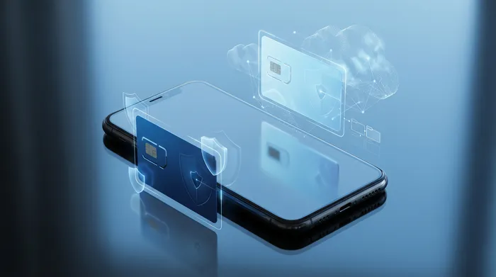 एक हाथ में पकड़ा हुआ स्मार्टफोन, जो चैट बबल और सुरक्षा आइकन के साथ एक आधुनिक होलोग्राफिक मैसेजिंग इंटरफ़ेस दिखा रहा है।