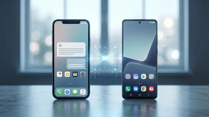 होलोग्राम के रूप में डिजिटल सिम कार्ड वाला एक स्मार्टफोन, जो डेटा सुरक्षा और क्लाउड स्टोरेज का प्रतीक है।