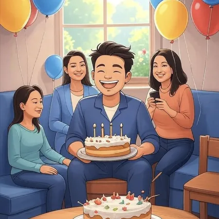 मुस्कुराते हुए आदमी केक पकड़े हुए जिसमें पांच मोमबत्तियाँ हैं, करीबी लोगों के बीच रंग-बिरंगे गुब्बारों से सजाए गए एक कमरे में।