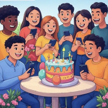 एक रंगीन जन्मदिन केक के चारों ओर मुस्कुराते युवा समूह, मोमबत्तियों, गुब्बारों और सजावट के साथ, अपने फोन थामे हुए।