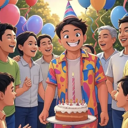 एक मुस्कुराते लड़के ने पार्टी हैट पहना हुआ है, एक मोमबत्ती वाला केक पकड़े हुए है, मेहमानों और रंगबिरंगे गुब्बारों के बीच बाहर।