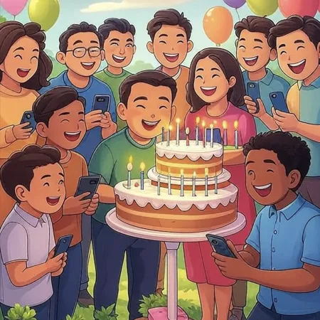 एक बड़े दो-तले वाले केक के चारों ओर मुस्कुराते हुए लोगों का समूह, जिसमें कई जलती हुई मोमबत्तियाँ हैं, और वे अपने फोन से तस्वीरें ले रहे हैं।
